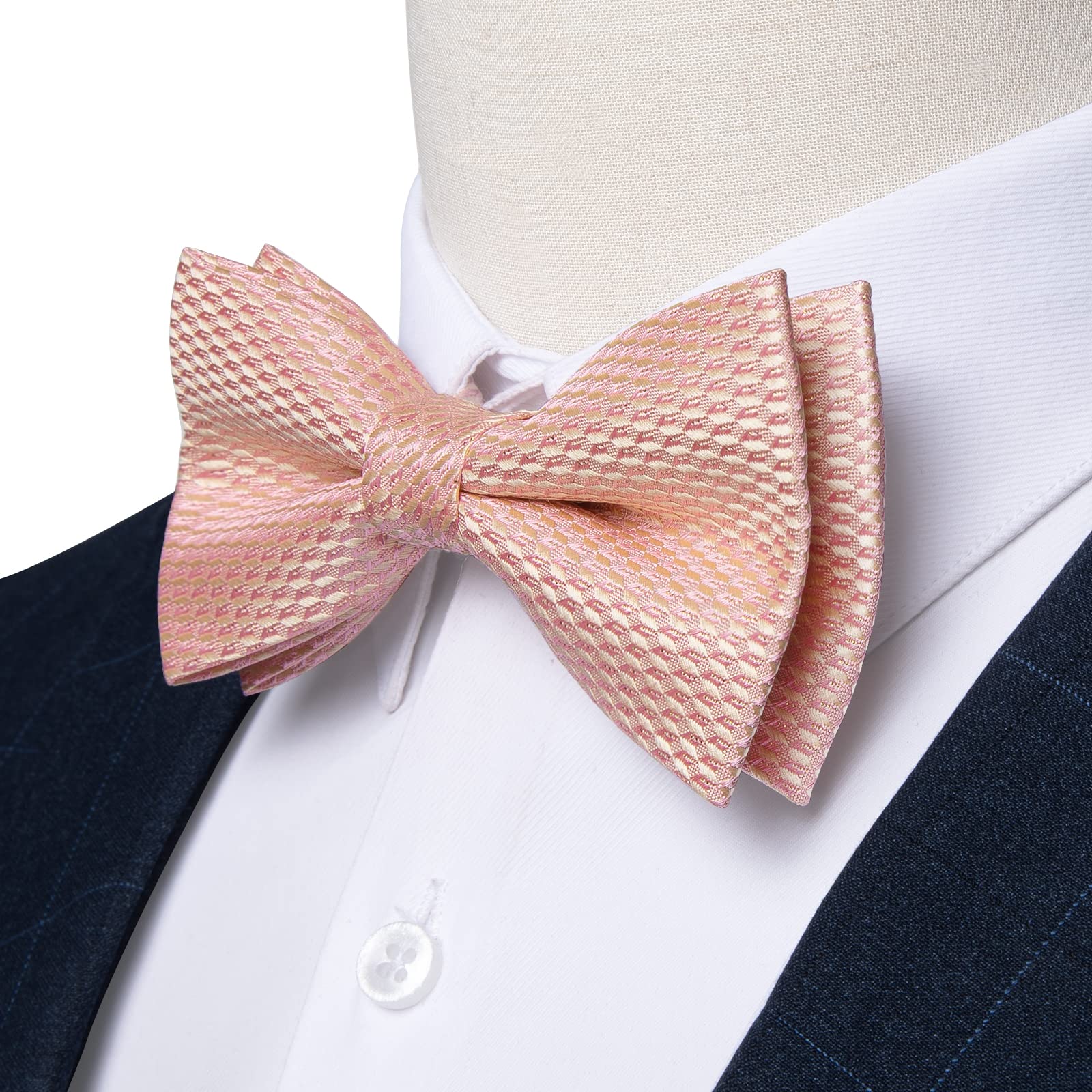 DiBanGu Men's Silk Pretied Bow Ties Adjustable Blush Pink Bowtie and Lapel Pin Handky Cufflinks Set for Husband Wedding