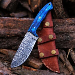 BCK damascus knife damascus steel hunting knife Fixed Blade Hunting Knife with Sheath - Damascus Knife with Blue Wood Handle - 9.75 Inches Handmade Camping Knife Prime Quality EDC camping Knife.