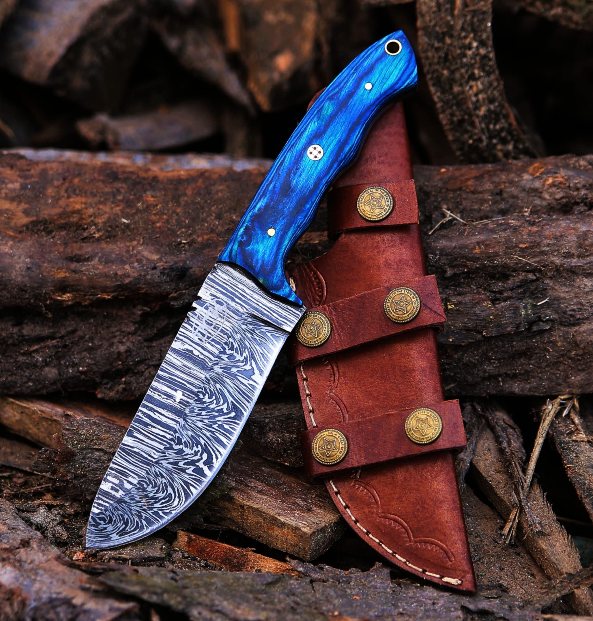 BCK damascus knife damascus steel hunting knife Fixed Blade Hunting Knife with Sheath - Damascus Knife with Blue Wood Handle - 9.75 Inches Handmade Camping Knife Prime Quality EDC camping Knife.