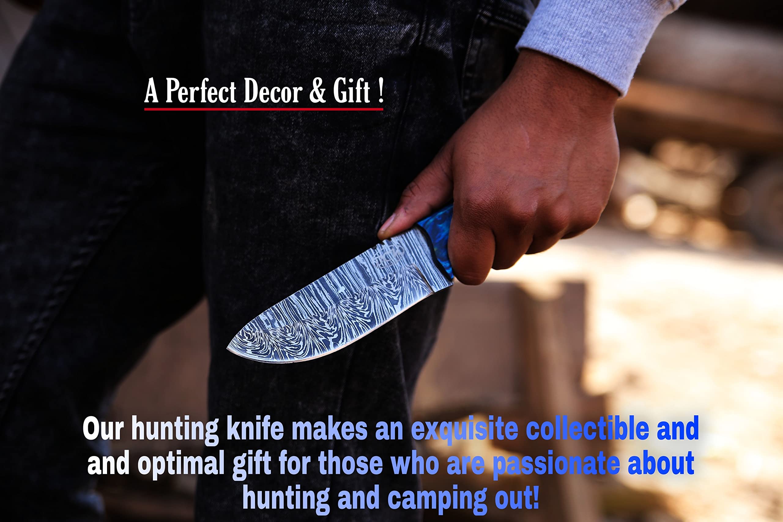 BCK damascus knife damascus steel hunting knife Fixed Blade Hunting Knife with Sheath - Damascus Knife with Blue Wood Handle - 9.75 Inches Handmade Camping Knife Prime Quality EDC camping Knife.