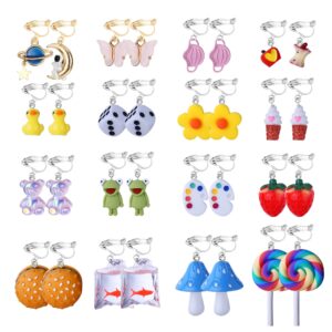 Kakonia 16 Pairs Cute Clip on Earrings Weird Earrings for Women Funny Mushroom Frog Duck Strawberry Butterfly Lollipop Kawaii Clip Dangle Earrings Non Pierced Earring Jewelry Set With Clear Box