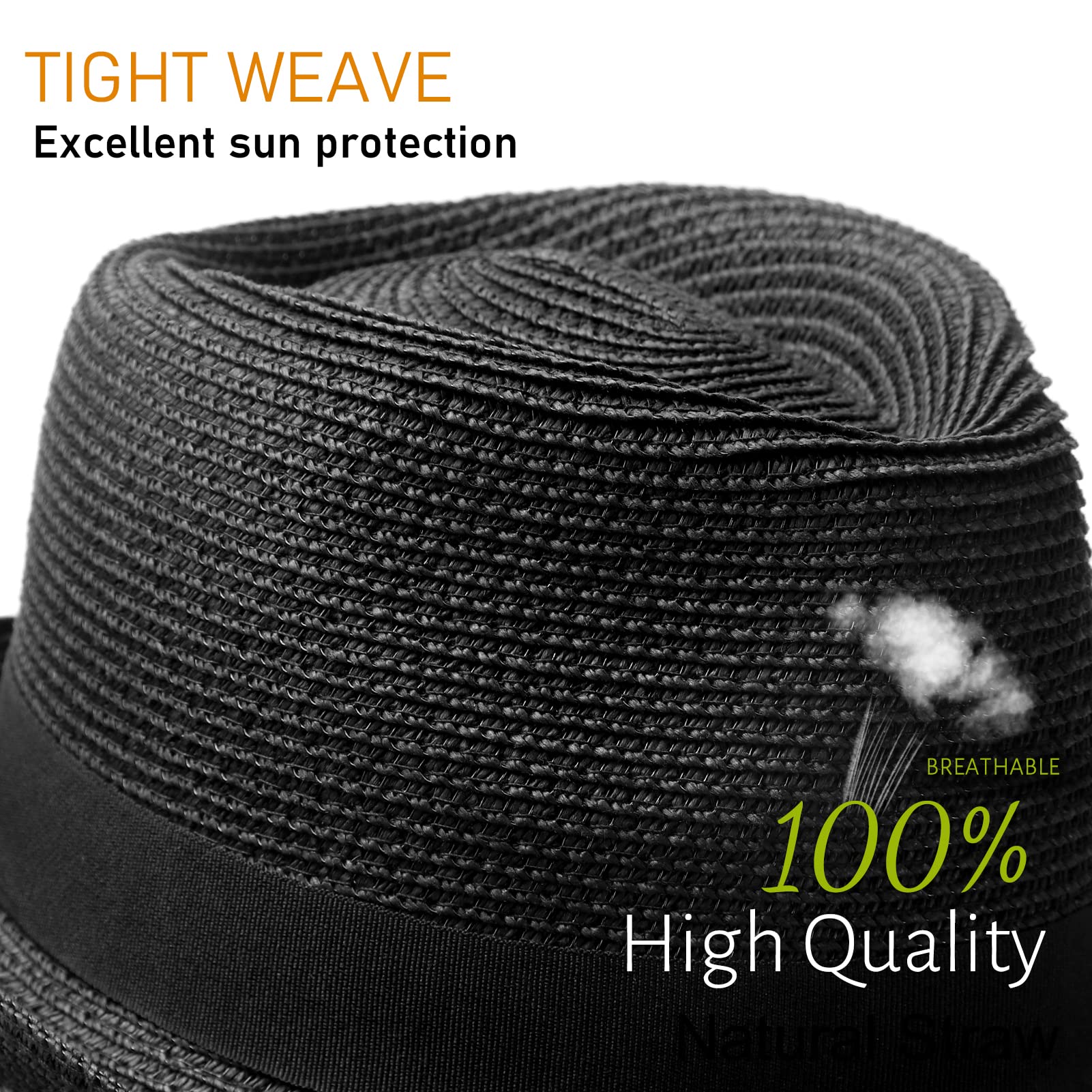 Womens Short Brim Straw Sun Hat Fedora Trilby Hat Panama Men Roll Up Packable Beach Hats… Black