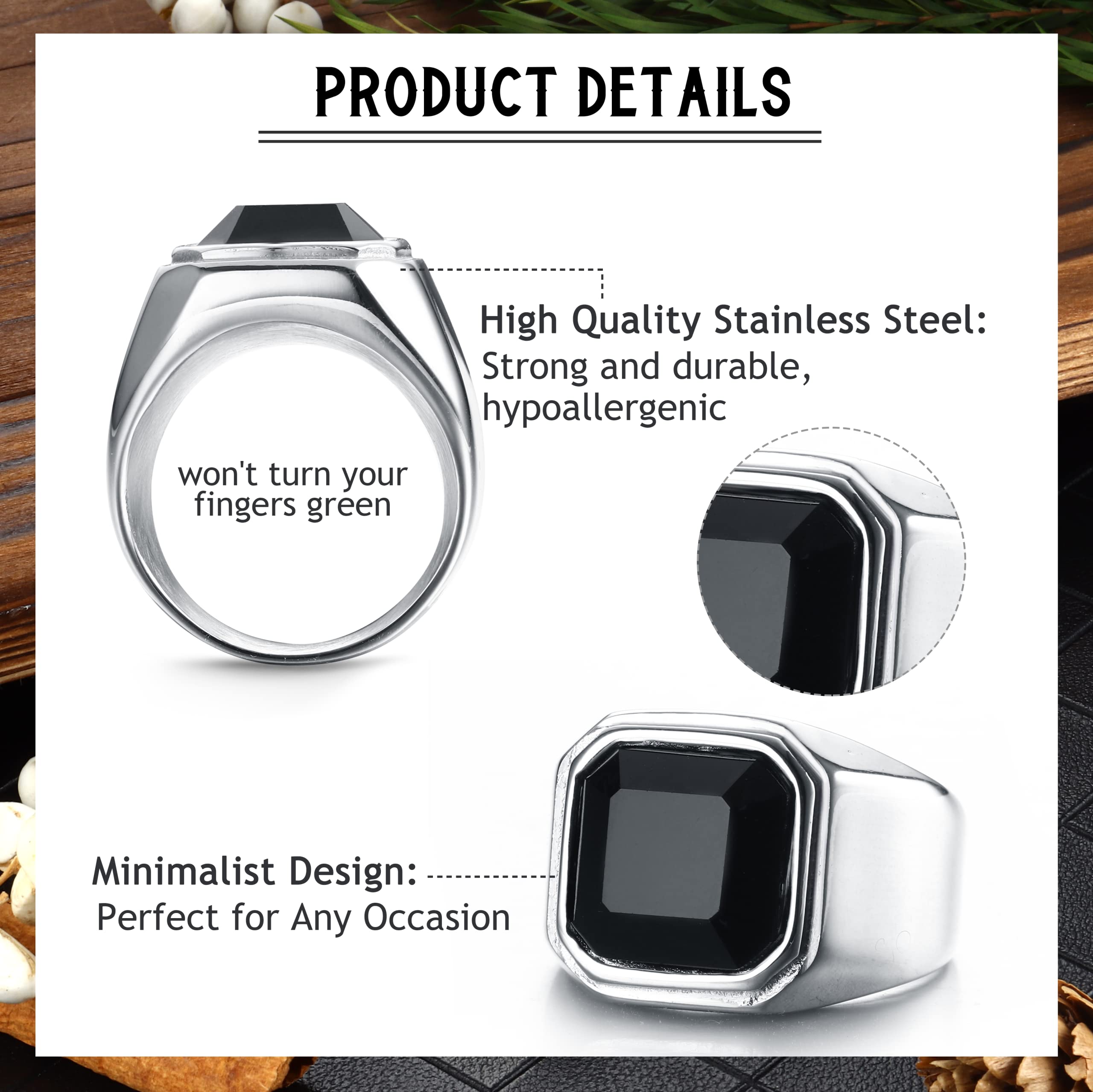 SAILIMUE 3Pcs Stainless Steel Signet Rings for Men Women Black Silver Simple Square Agate Solid Polished Biker Band Pinky Thumb Rings Set Size 10