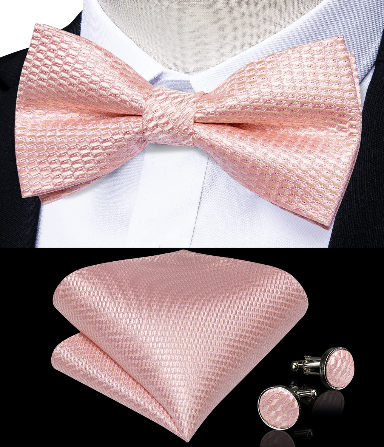 DiBanGu Men's Silk Pretied Bow Ties Adjustable Blush Pink Bowtie and Lapel Pin Handky Cufflinks Set for Husband Wedding