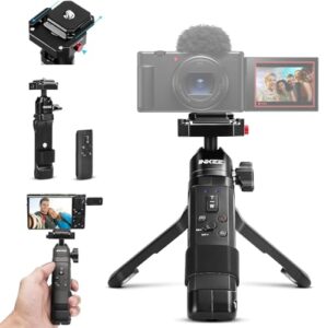 remote wireless camera shooting grip and tripod for video, ideal for vlogging sony a6700, zv-e10, zv-e1, zv-1 ii, rx100 vii, a6600, a6400 canon camera, zoom control quick release inkee ironbee