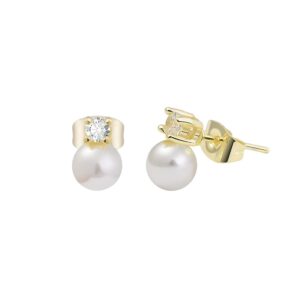 Magna Bijoux 14k Gold Plated Brass Pearl Stud Earrings with CZ Top (6mm Pearl, Gold)