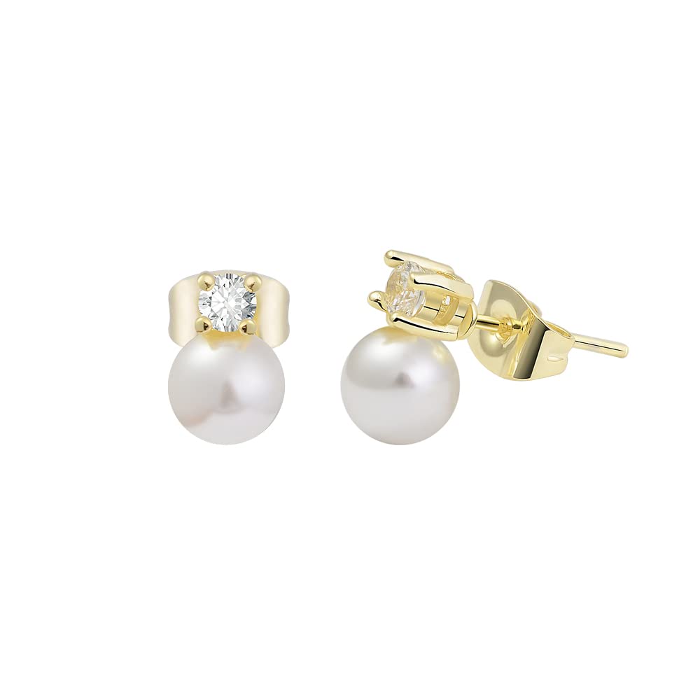 Magna Bijoux 14k Gold Plated Brass Pearl Stud Earrings with CZ Top (6mm Pearl, Gold)