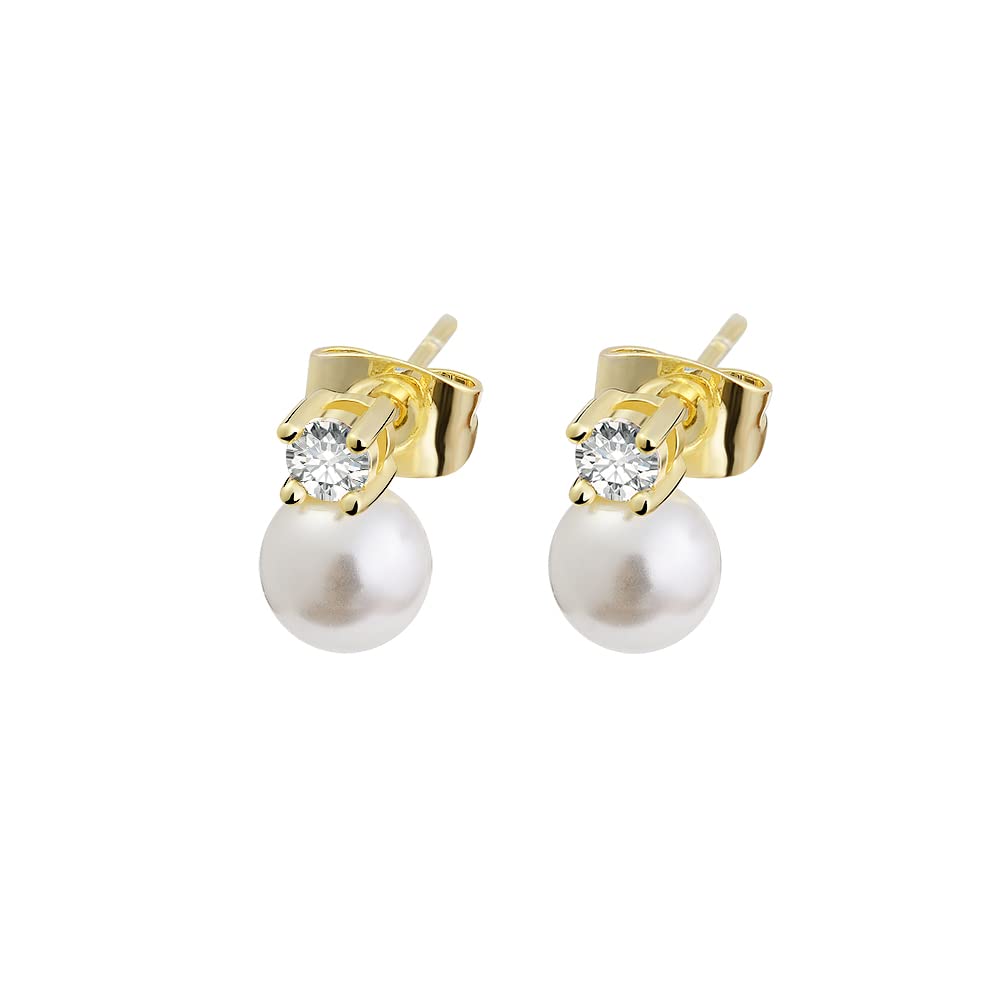 Magna Bijoux 14k Gold Plated Brass Pearl Stud Earrings with CZ Top (6mm Pearl, Gold)