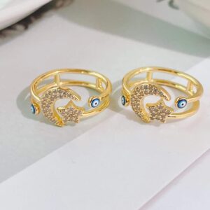 CZ Star Moon Blue Evil Eye Wrap Open Rings 18K Gold Plated Sparkly Cubic Zirconia Good Luck Double Lines Statement Adjustable Stacking Middle Tail Finger Ring for Women Symbol of Protection Talisman Amulet Lucky Jewelry Fashion Gifts for Mom