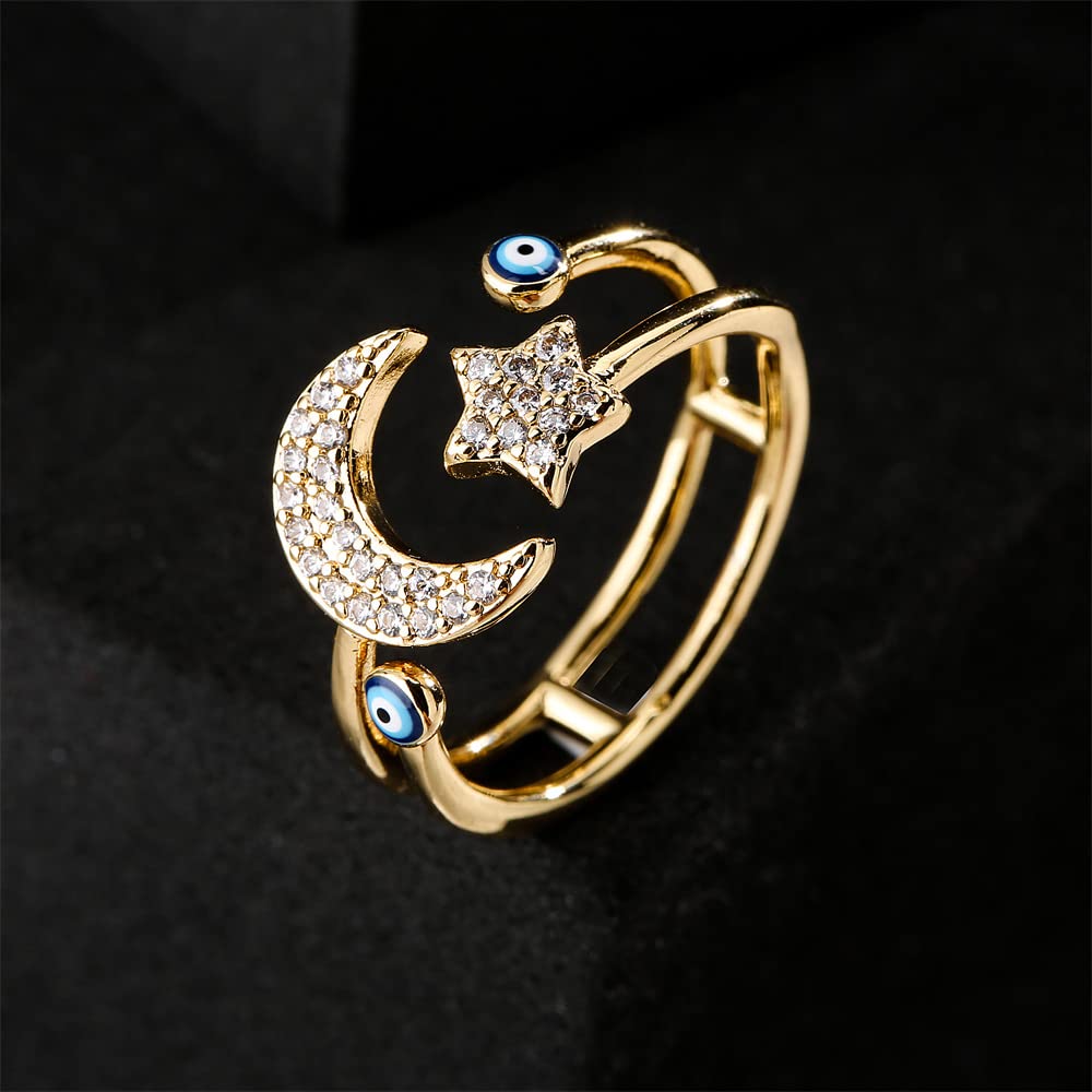 CZ Star Moon Blue Evil Eye Wrap Open Rings 18K Gold Plated Sparkly Cubic Zirconia Good Luck Double Lines Statement Adjustable Stacking Middle Tail Finger Ring for Women Symbol of Protection Talisman Amulet Lucky Jewelry Fashion Gifts for Mom