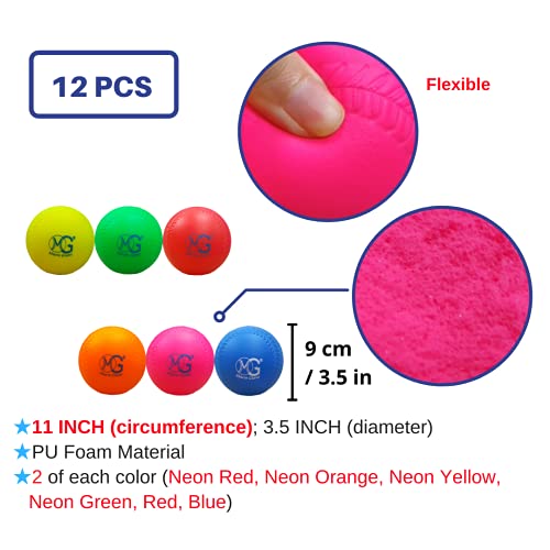 Macro Giant 11 Inch (Circum.) 3.5 Inch (Dia.) PU Foam Softball, Set of 12, Multi-Color, Baseball Training Practice, Playground Ball, Parenting Activity