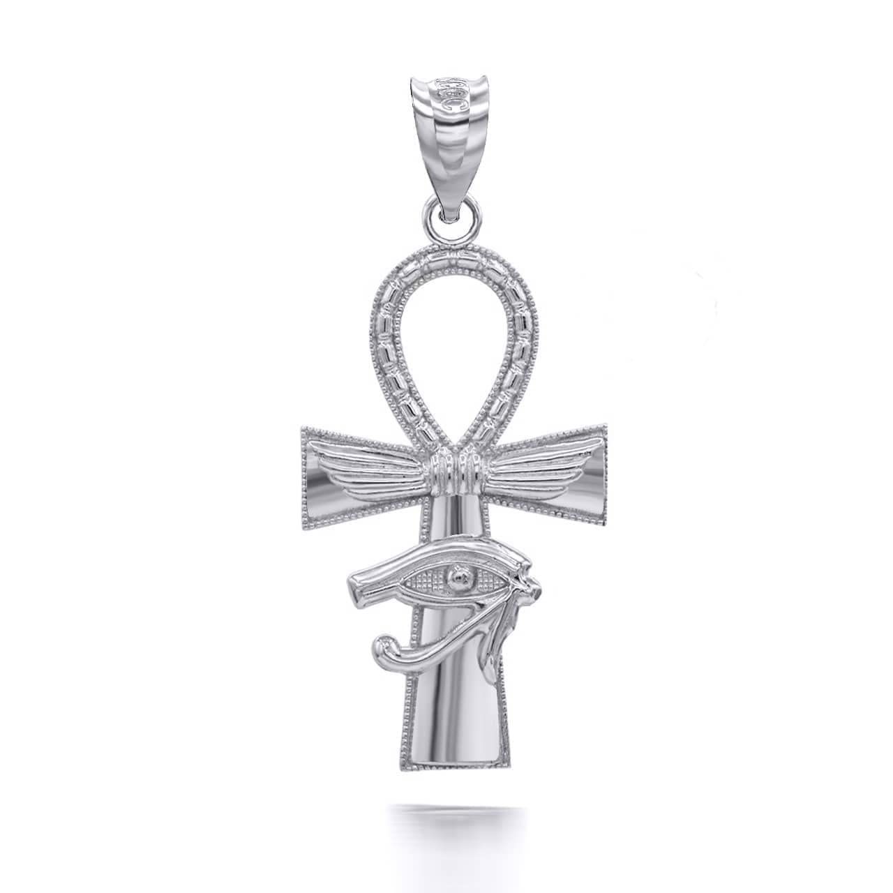 Textured 14K White Gold Ankh Cross Eye of horus Faith Evil Eye Pendant