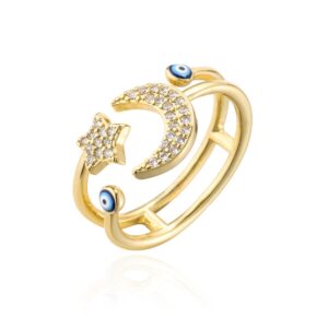 cz star moon blue evil eye wrap open rings 18k gold plated sparkly cubic zirconia good luck double lines statement adjustable stacking middle tail finger ring for women symbol of protection talisman amulet lucky jewelry fashion gifts for mom