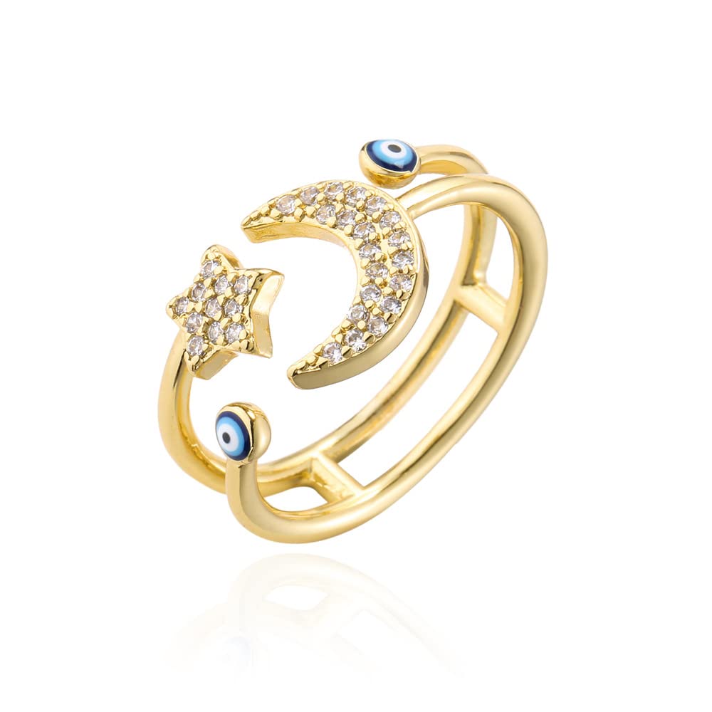 CZ Star Moon Blue Evil Eye Wrap Open Rings 18K Gold Plated Sparkly Cubic Zirconia Good Luck Double Lines Statement Adjustable Stacking Middle Tail Finger Ring for Women Symbol of Protection Talisman Amulet Lucky Jewelry Fashion Gifts for Mom