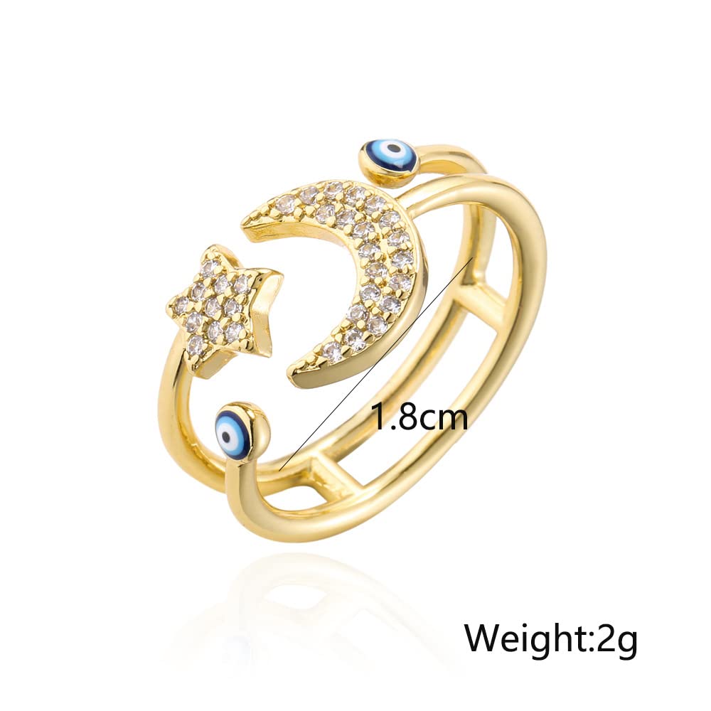 CZ Star Moon Blue Evil Eye Wrap Open Rings 18K Gold Plated Sparkly Cubic Zirconia Good Luck Double Lines Statement Adjustable Stacking Middle Tail Finger Ring for Women Symbol of Protection Talisman Amulet Lucky Jewelry Fashion Gifts for Mom