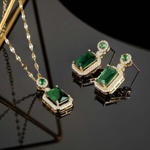 LYLYMIMI Emerald Jewelry for Women Green Stone Necklace Earrings Set Cute Necklaces with Crystal Dangle Earrings