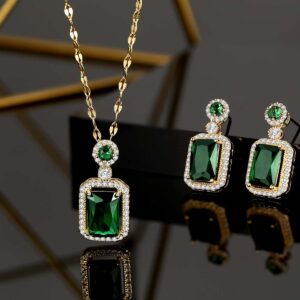 LYLYMIMI Emerald Jewelry for Women Green Stone Necklace Earrings Set Cute Necklaces with Crystal Dangle Earrings