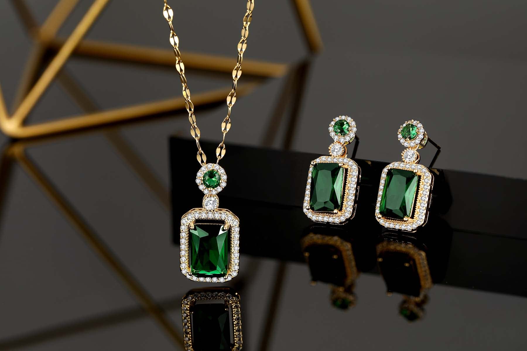 LYLYMIMI Emerald Jewelry for Women Green Stone Necklace Earrings Set Cute Necklaces with Crystal Dangle Earrings