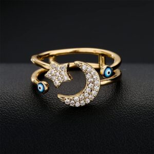 CZ Star Moon Blue Evil Eye Wrap Open Rings 18K Gold Plated Sparkly Cubic Zirconia Good Luck Double Lines Statement Adjustable Stacking Middle Tail Finger Ring for Women Symbol of Protection Talisman Amulet Lucky Jewelry Fashion Gifts for Mom