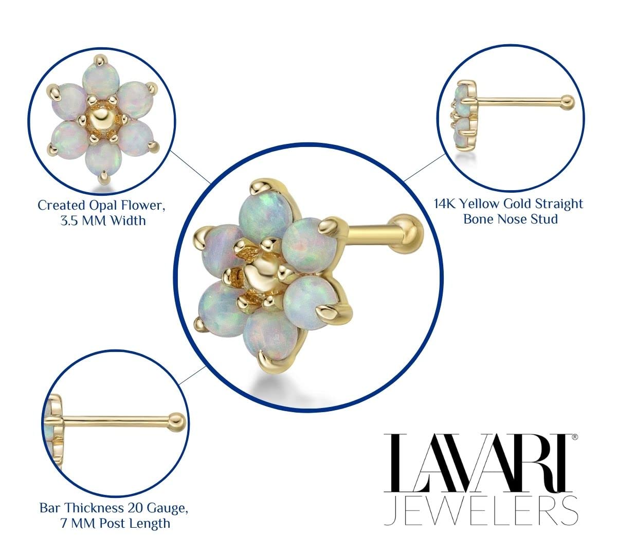 Lavari Jewelers 20 Gauge Opal Swarovski Crystals 6 Petal Flower Straight Bone Nose Stud in 14k Yellow Gold 3.5 mm 20G