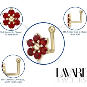 Lavari Jewelers 20 Gauge Red Swarovski Crystals 6 Petal Flower L-Shape Nose Stud in 14k Yellow Gold 3.5 mm 20G