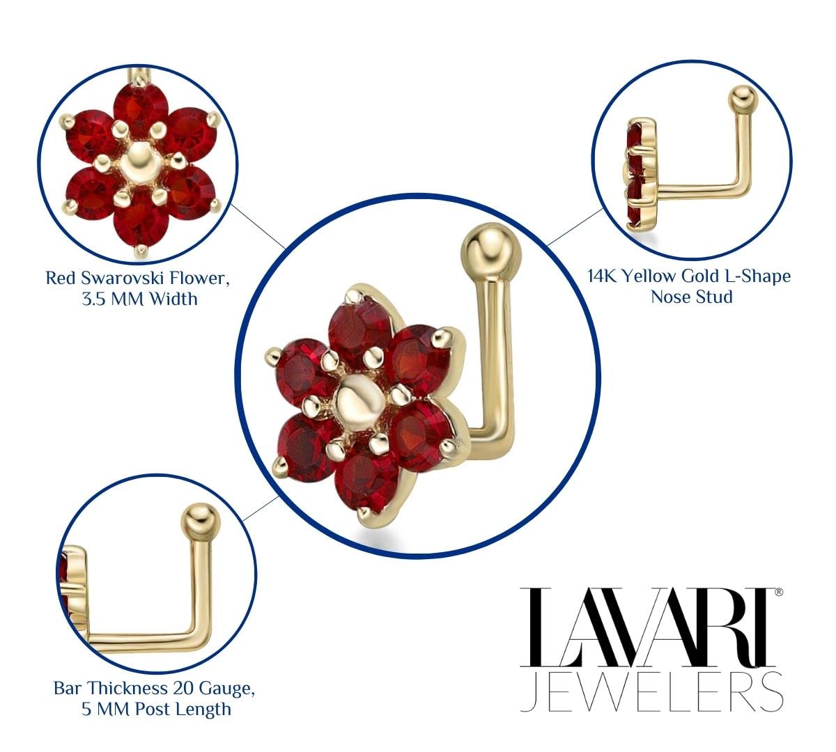 Lavari Jewelers 20 Gauge Red Swarovski Crystals 6 Petal Flower L-Shape Nose Stud in 14k Yellow Gold 3.5 mm 20G