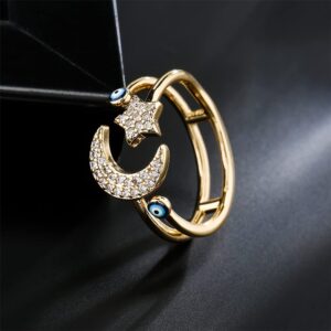 CZ Star Moon Blue Evil Eye Wrap Open Rings 18K Gold Plated Sparkly Cubic Zirconia Good Luck Double Lines Statement Adjustable Stacking Middle Tail Finger Ring for Women Symbol of Protection Talisman Amulet Lucky Jewelry Fashion Gifts for Mom