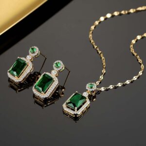 LYLYMIMI Emerald Jewelry for Women Green Stone Necklace Earrings Set Cute Necklaces with Crystal Dangle Earrings