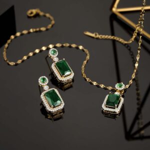 LYLYMIMI Emerald Jewelry for Women Green Stone Necklace Earrings Set Cute Necklaces with Crystal Dangle Earrings