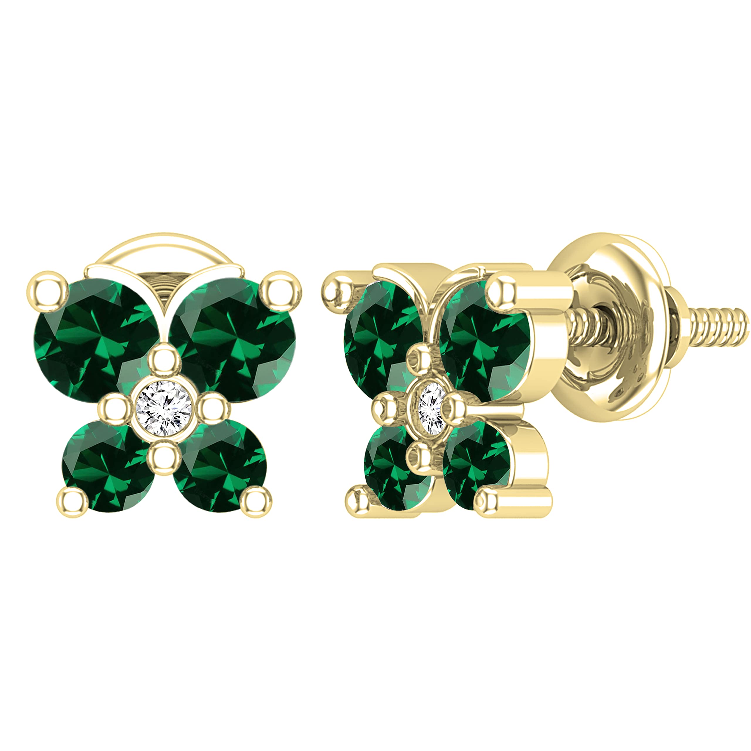 Dazzlingrock Collection 5 Stone Round Lab Grown Emerald and Accent Round Natural White Diamond Elegant Butterfly Shape Screw Back stud Earrings for Women, 14K Yellow Gold