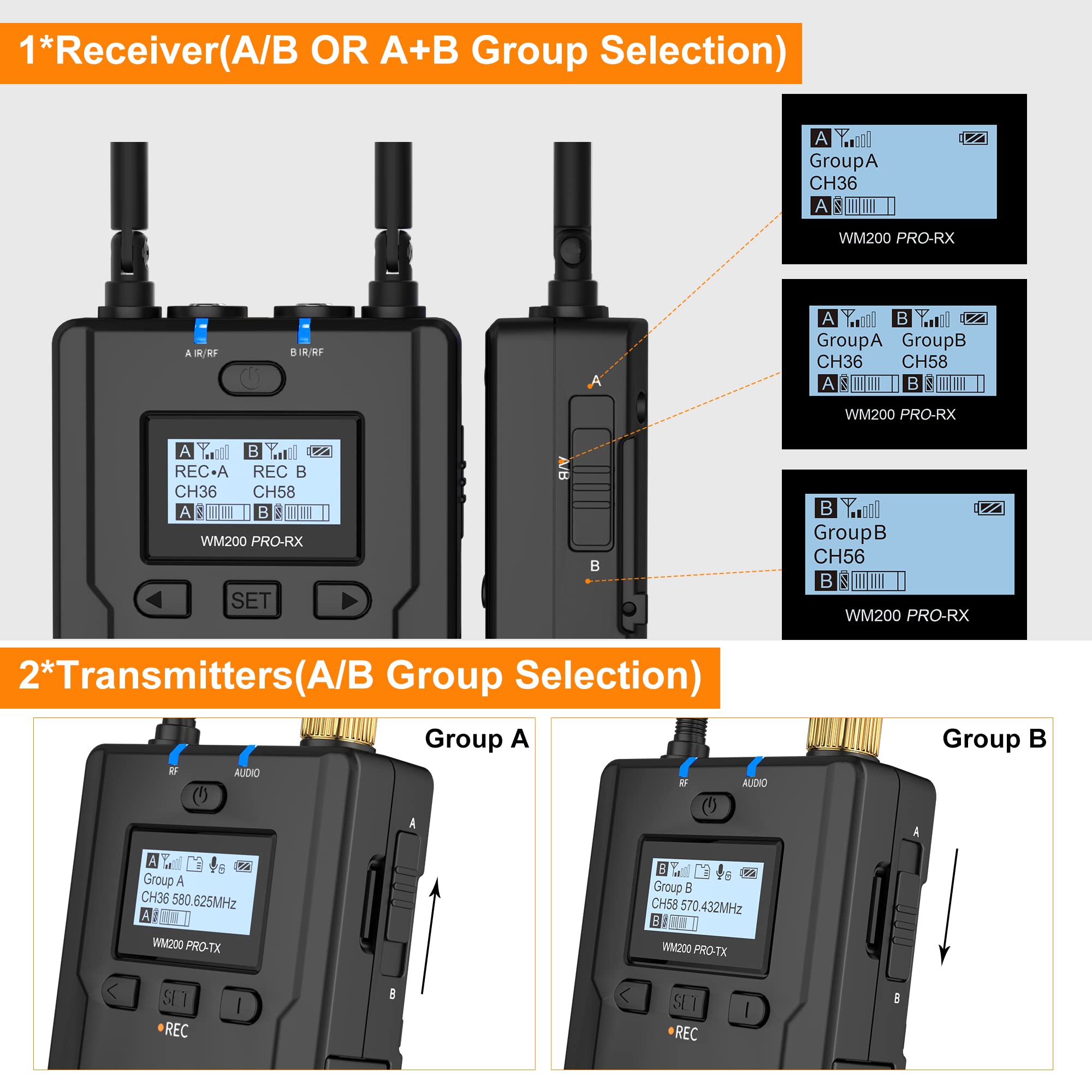 comica CVM-WM200A PRO Wireless Lavalier Microphone for Camera Support SD Card, 394FT Distance, UHF Wireless Lapel Mic with Backup Recording, Microphone for Filmmakers, Podcast, Vloggers.