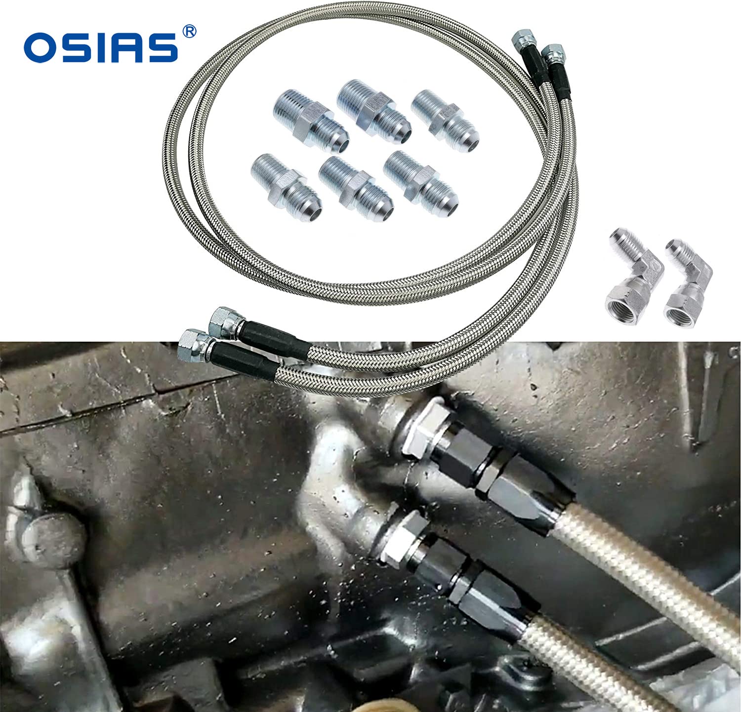 OSIAS Stainless Steel Braided Transmission Cooler Hoses Fittings， Fit for Chevy Mopar GM GMC Buick Cadillac Cars and Trucks, Replace TH350 700R4 TH4