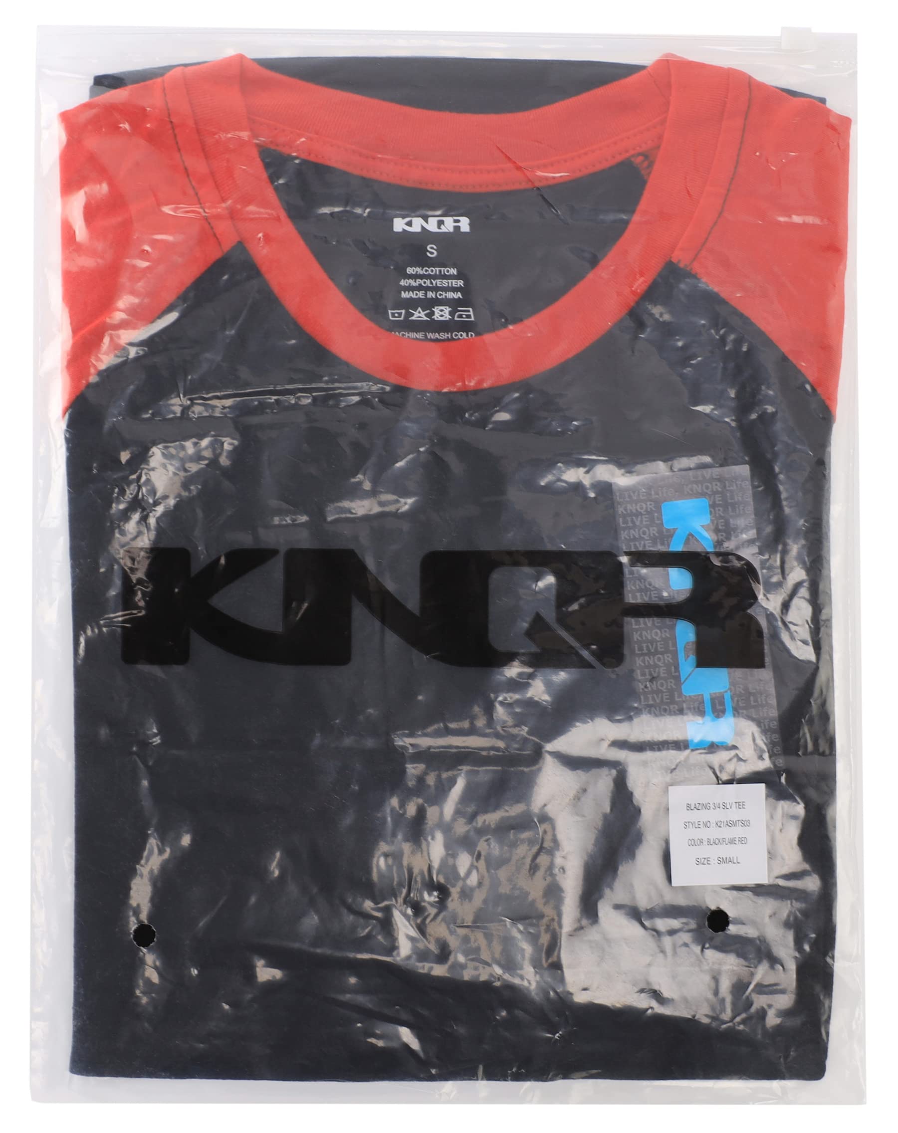 KNQR Mens Casual Basic Soft Tagless 3/4 Sleeve Active Sports Running Hiking Baseball Tee Shirts Black/Flame Red M