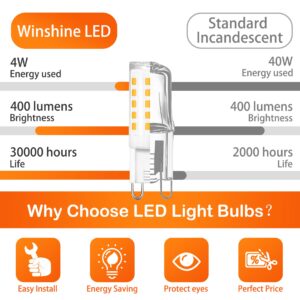 winshine 10 Pack G9 LED Bulb 4W (40W Halogen Equivalent) 2700K Soft White, T4 Chandelier Light Bulbs G9 Bi Pin Ceramic Base, No-Flicker 120V AC 400 Lumen 360°Beam Angle No-Dimmable