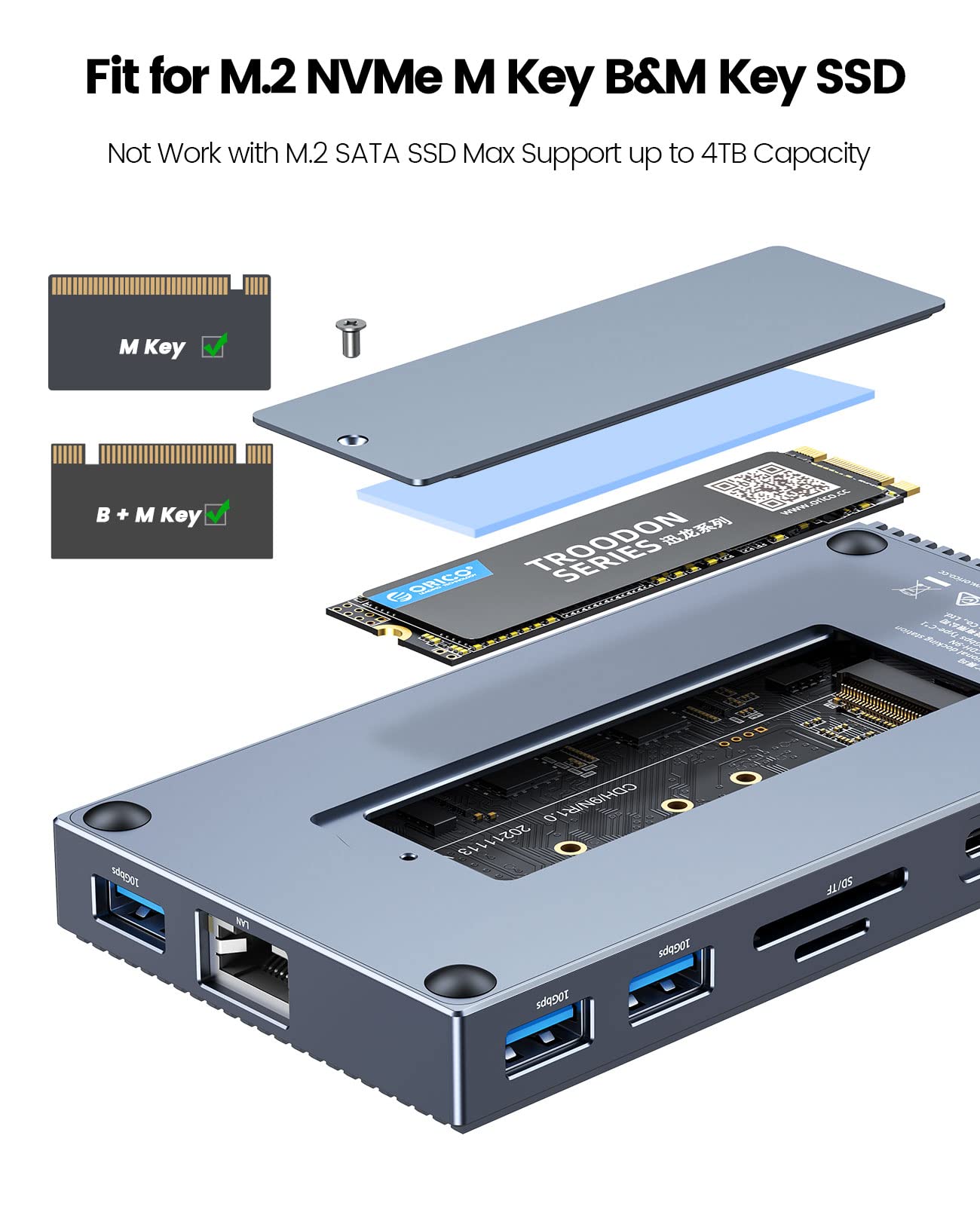 USB C Docking Station with M.2 NVMe SSD Enclosure, ORICO 9-in-1 USB-C Hub Adapter with NVMe Slot(Up to 4TB), PD 100W, 3 x 10Gbps USB3.1 USB-A, Type-C, 4K HDMI, TF/SD, Ethernet RJ45, Audio