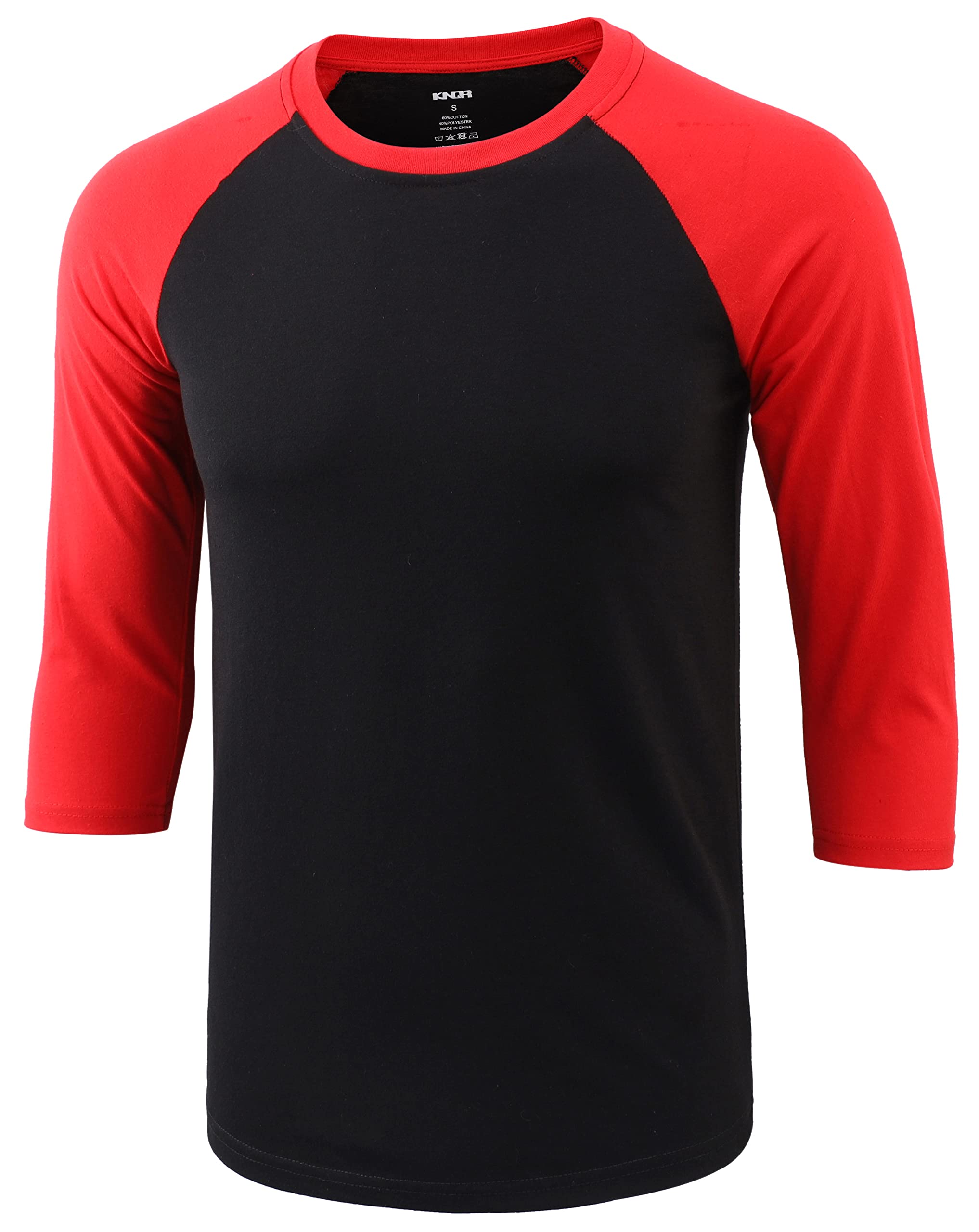 KNQR Mens Casual Basic Soft Tagless 3/4 Sleeve Active Sports Running Hiking Baseball Tee Shirts Black/Flame Red M