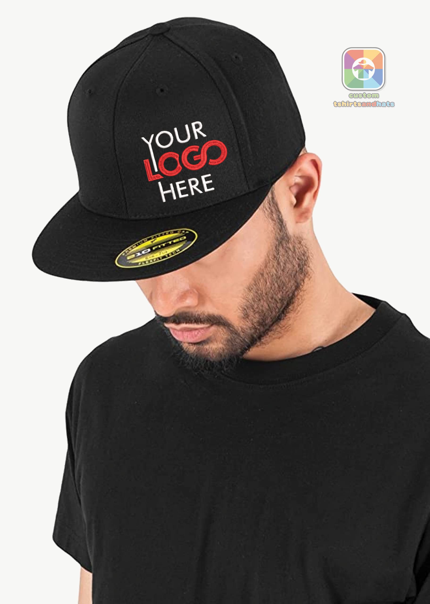 Baseball Premium Fitted Flat Brim Flex Fit Hat Custom Personalized Logo Elastic Closure Hat for Men and Women Custom Embroidered (L/XL, Black)