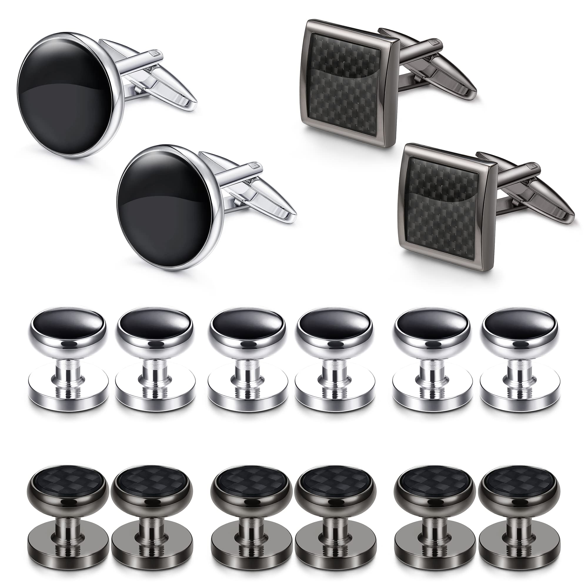 RnBLM JEWELRY 16 Pcs Cufflinks and Studs Set for Men Classic Tuxedo Shirt Cufflinks & Shirt Accessories Black&Silver Match for Business Wedding Formal Suit