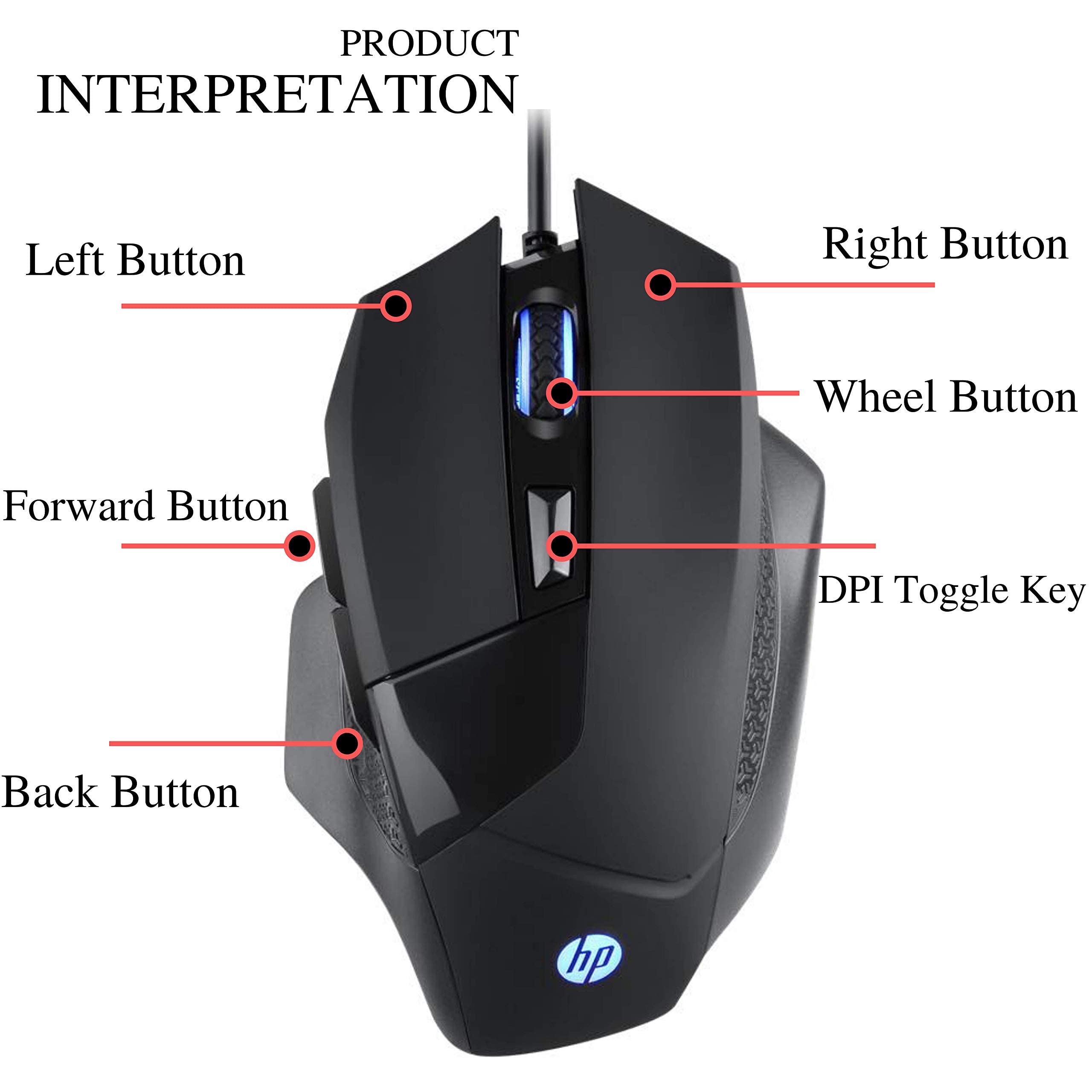 H P USB Gaming Mouse for E-Sports Gaming Adjustable DPI, Wired Backlit G200 Mouse