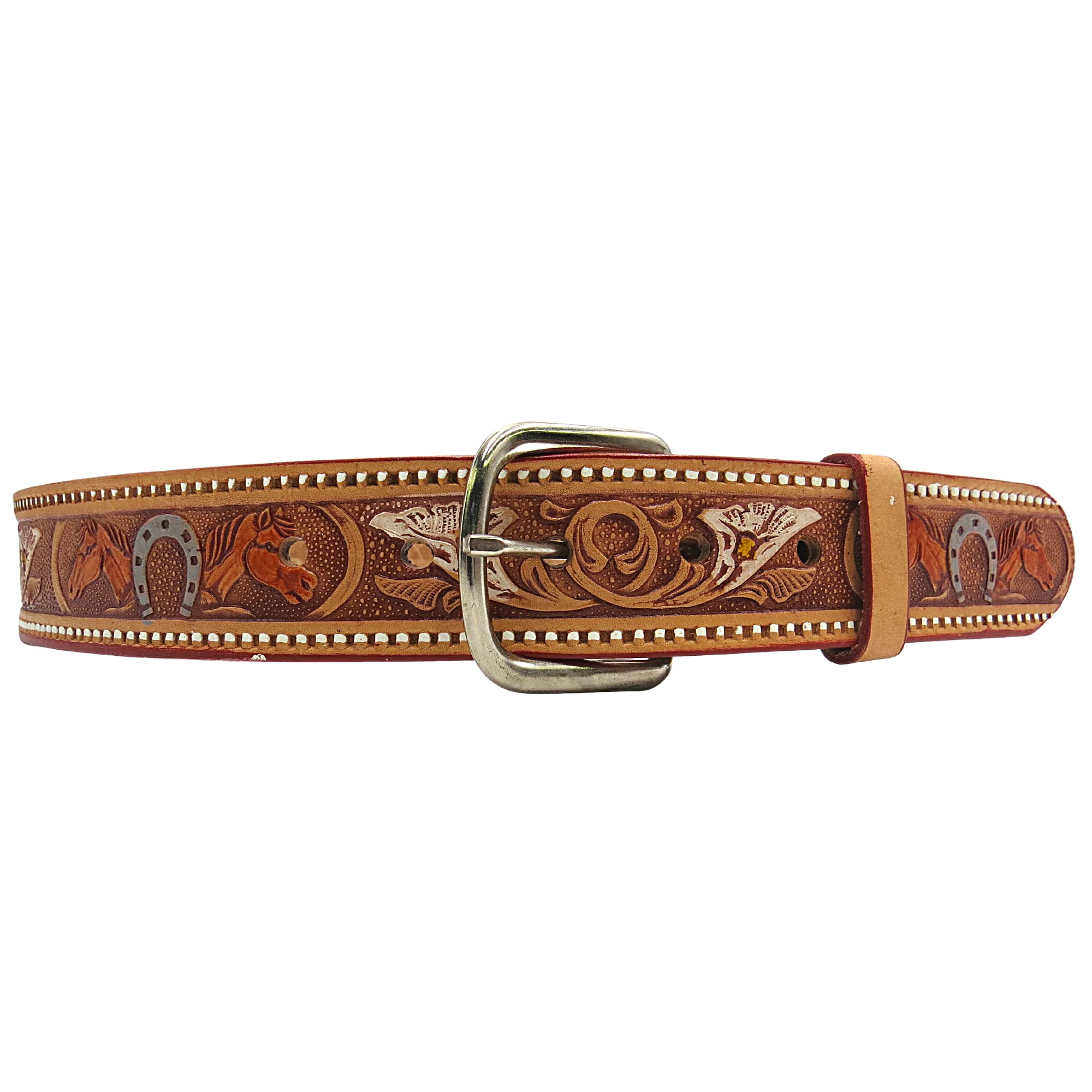 Needzo Painted Horse Decorative Leather Belt, Intricate Carved Floral Designs, Western Cowboy Apparel for Men and Women, Utility Tool Belts, Country Themed Wild West Gifts, Made in Mexico, Size 36