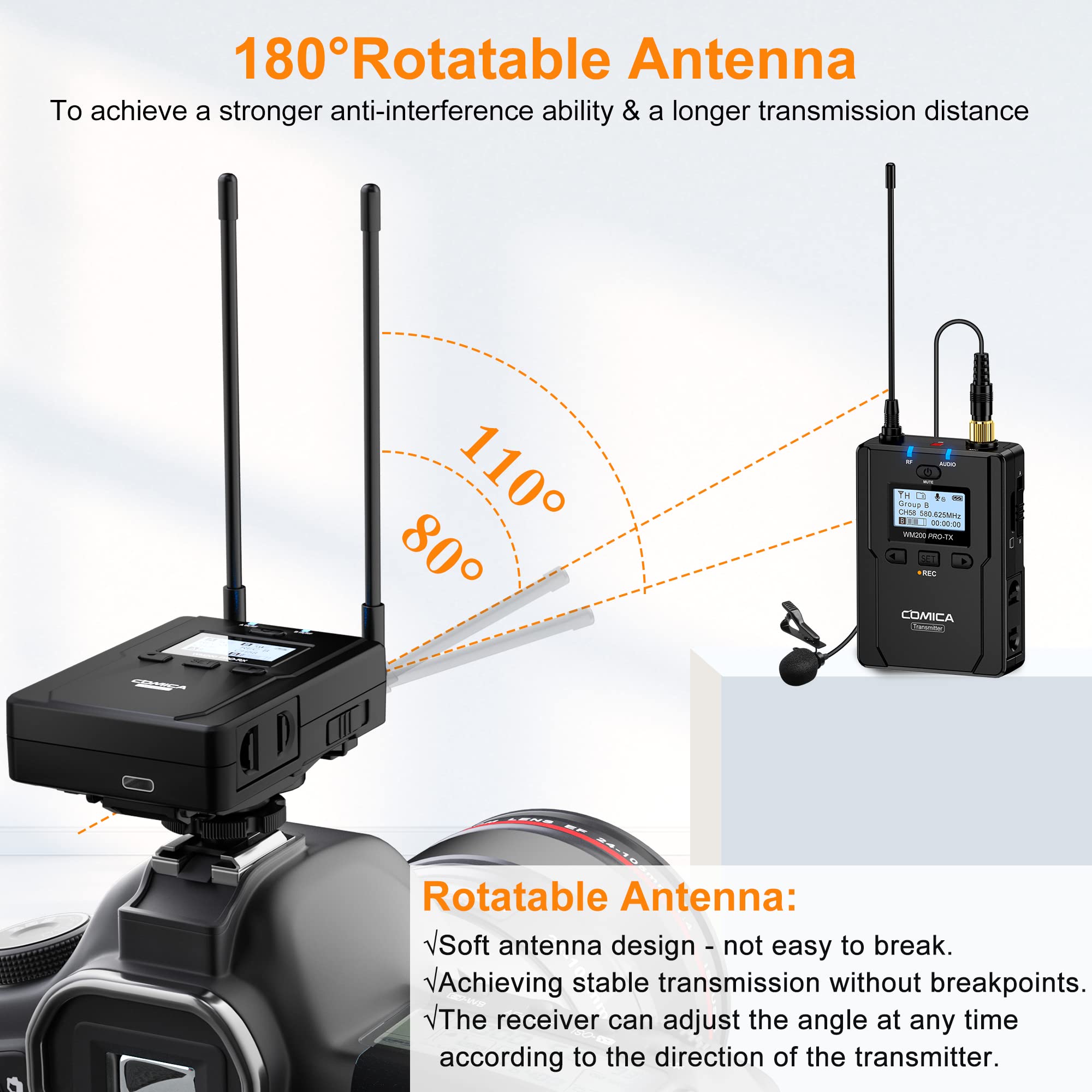 comica CVM-WM200A PRO Wireless Lavalier Microphone for Camera Support SD Card, 394FT Distance, UHF Wireless Lapel Mic with Backup Recording, Microphone for Filmmakers, Podcast, Vloggers.