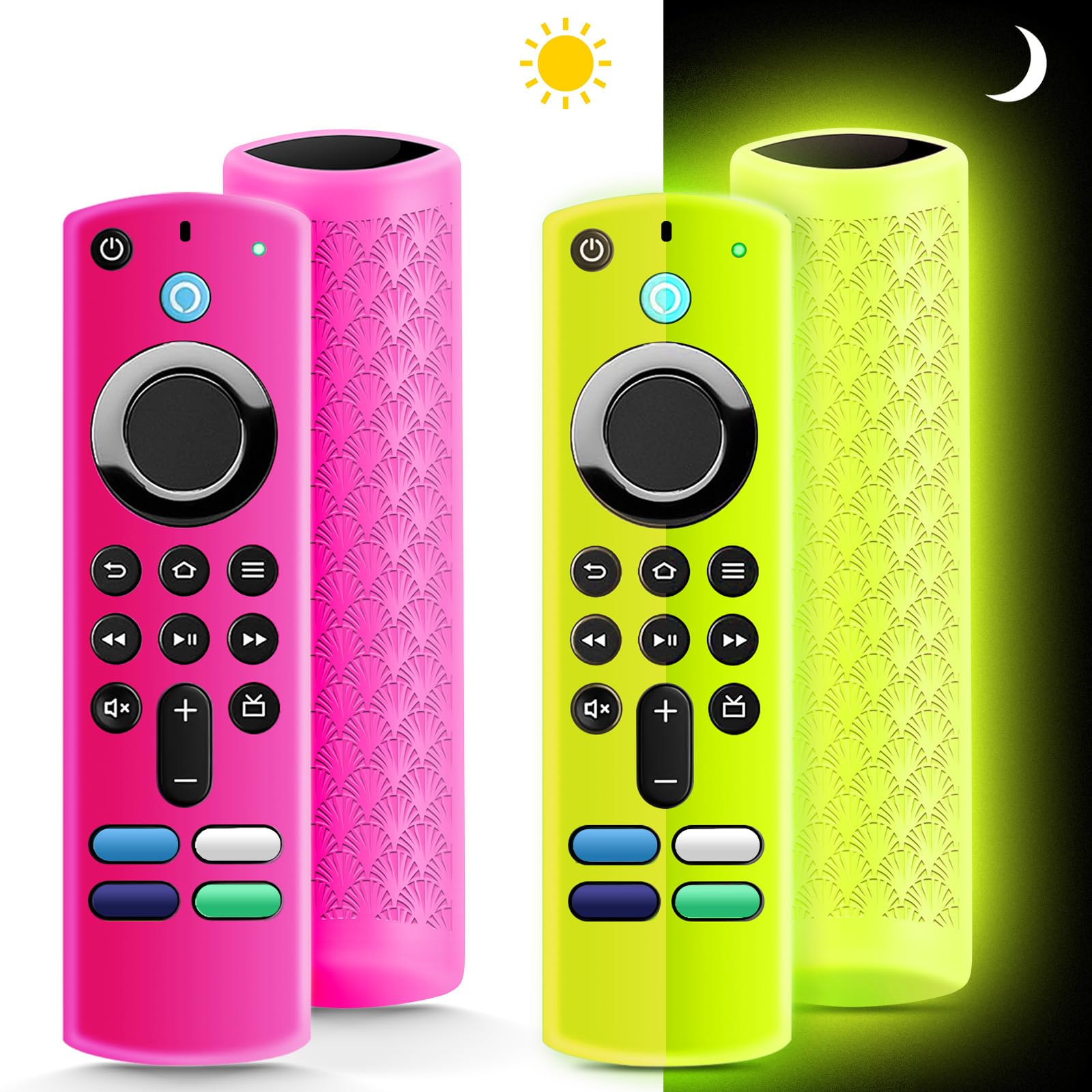 (2 Pack) Fire Stick Remote Cover 3rd Gen with Alexa Voice Remote,Fire TV Remote Cover Glow in The Dark, Anti Slip Silicone Protective Case with Lanyard(Glow Yellow&Not Glow Rose Red)