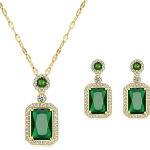 LYLYMIMI Emerald Jewelry for Women Green Stone Necklace Earrings Set Cute Necklaces with Crystal Dangle Earrings