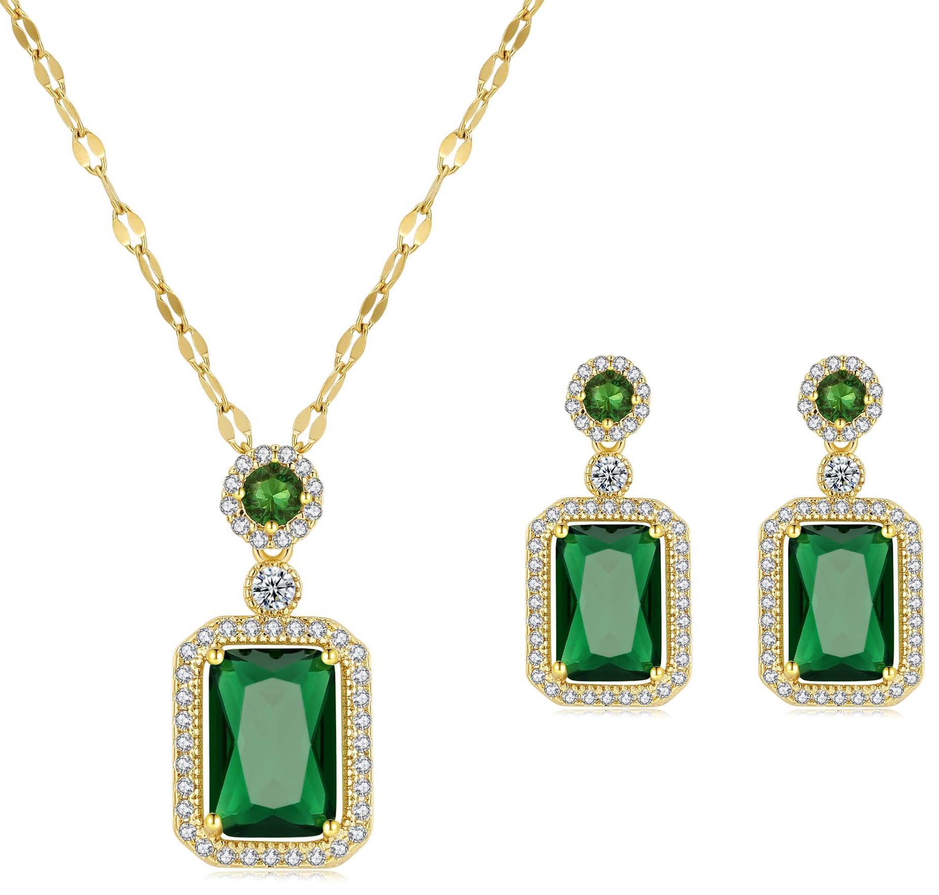 LYLYMIMI Emerald Jewelry for Women Green Stone Necklace Earrings Set Cute Necklaces with Crystal Dangle Earrings