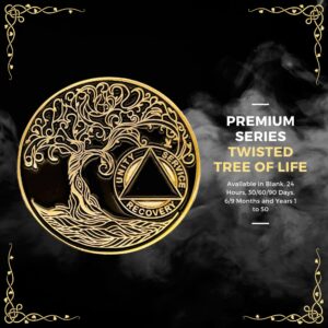 6 Months Sobriety Mint Twisted Tree of Life Gold Plated AA Recovery Medallion/Chip/Token - Black