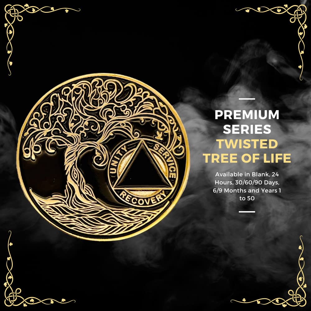 6 Months Sobriety Mint Twisted Tree of Life Gold Plated AA Recovery Medallion/Chip/Token - Black