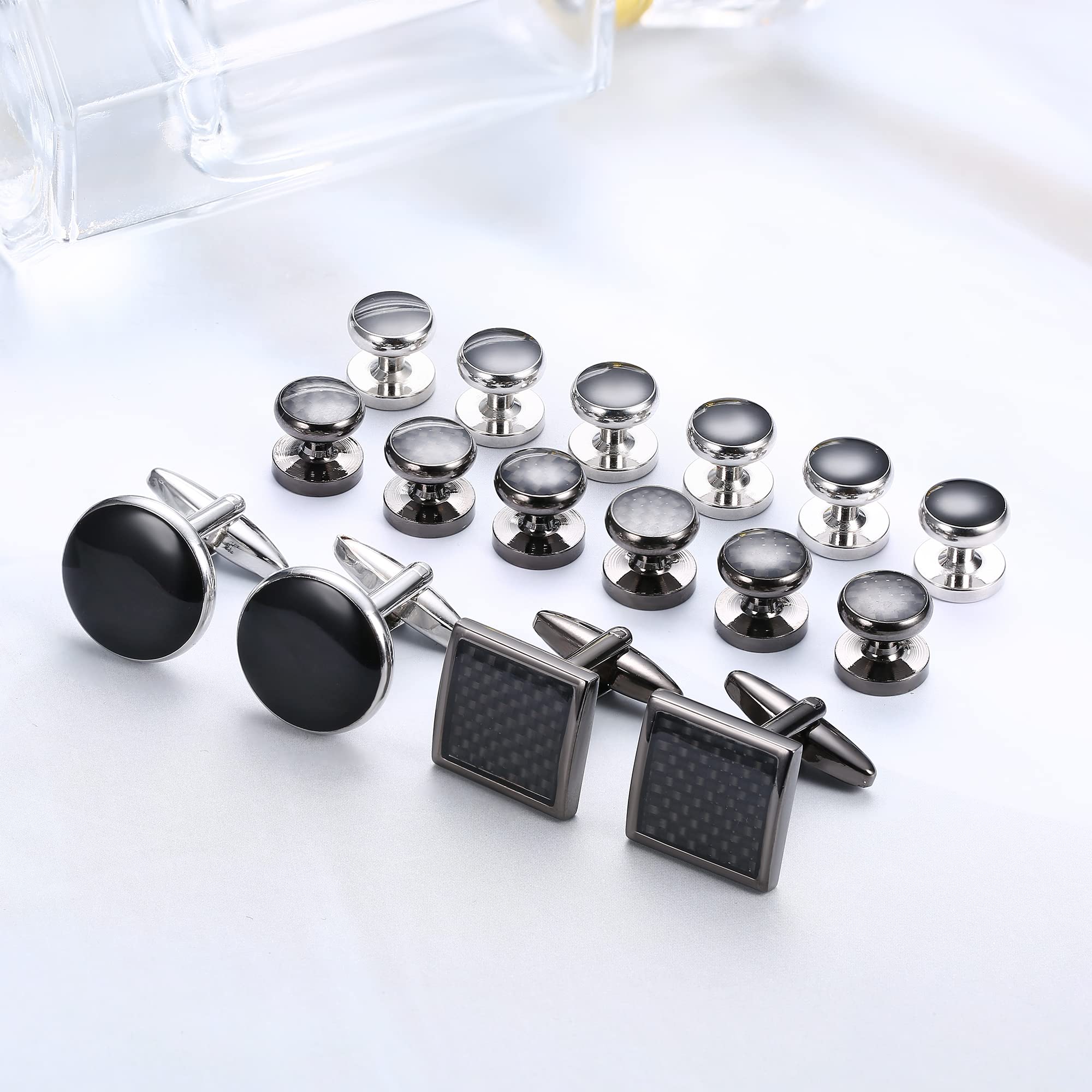 RnBLM JEWELRY 16 Pcs Cufflinks and Studs Set for Men Classic Tuxedo Shirt Cufflinks & Shirt Accessories Black&Silver Match for Business Wedding Formal Suit