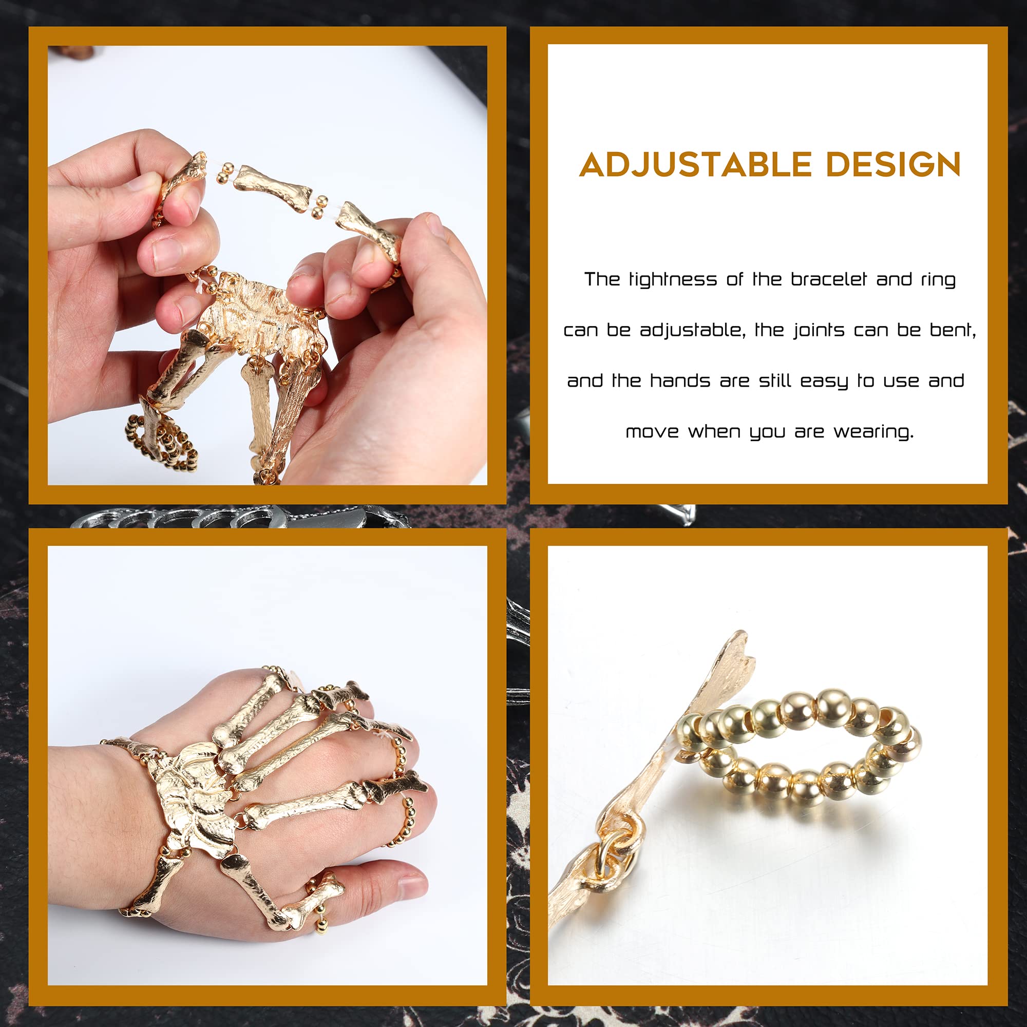 Sanfenly 9Pcs Gothic Rings for Women Men Skull Skeleton Hand Bracelet with Rings Cosplay Rock Knuckle Joint Full Finger Statement Ring, Cool Punk Rings Bat Snake Spider Adjustable Ring Set