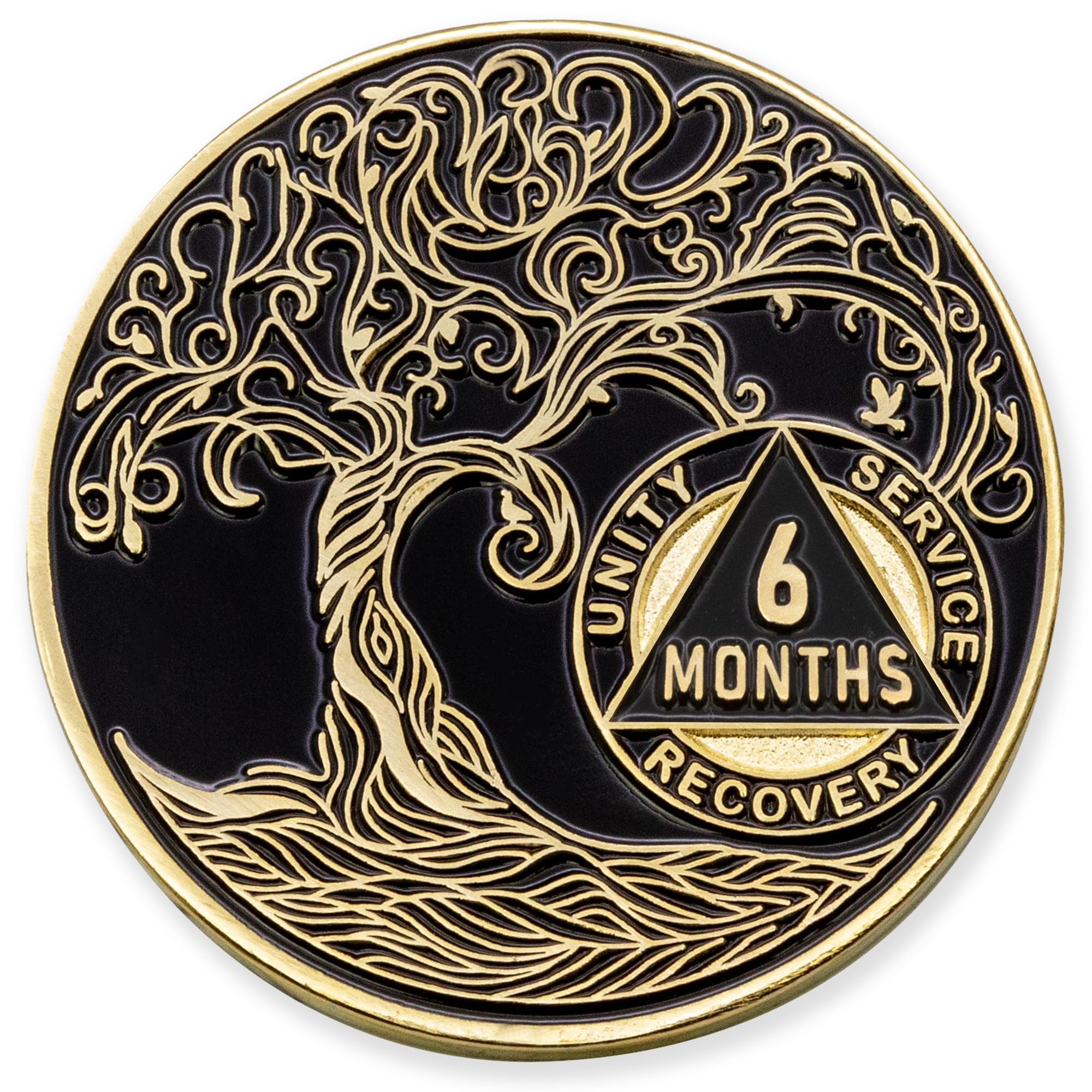 6 Months Sobriety Mint Twisted Tree of Life Gold Plated AA Recovery Medallion/Chip/Token - Black