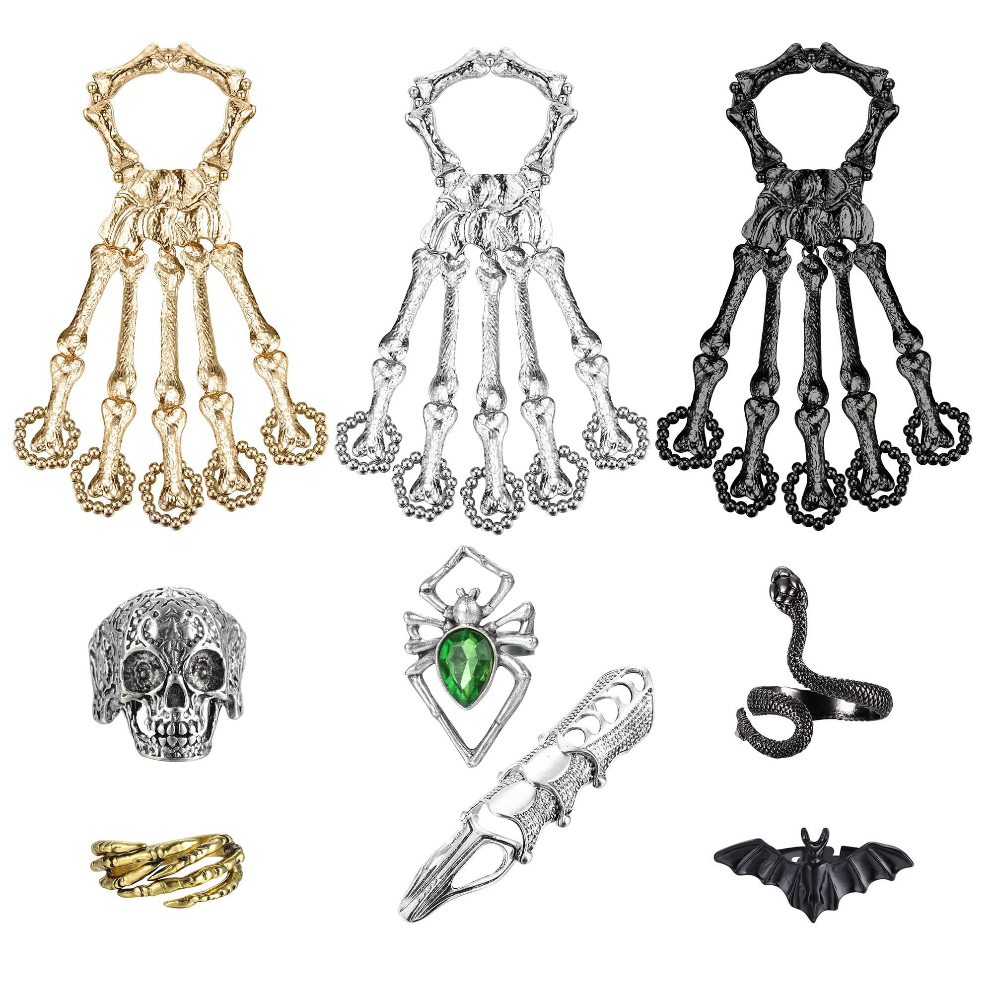 Sanfenly 9Pcs Gothic Rings for Women Men Skull Skeleton Hand Bracelet with Rings Cosplay Rock Knuckle Joint Full Finger Statement Ring, Cool Punk Rings Bat Snake Spider Adjustable Ring Set